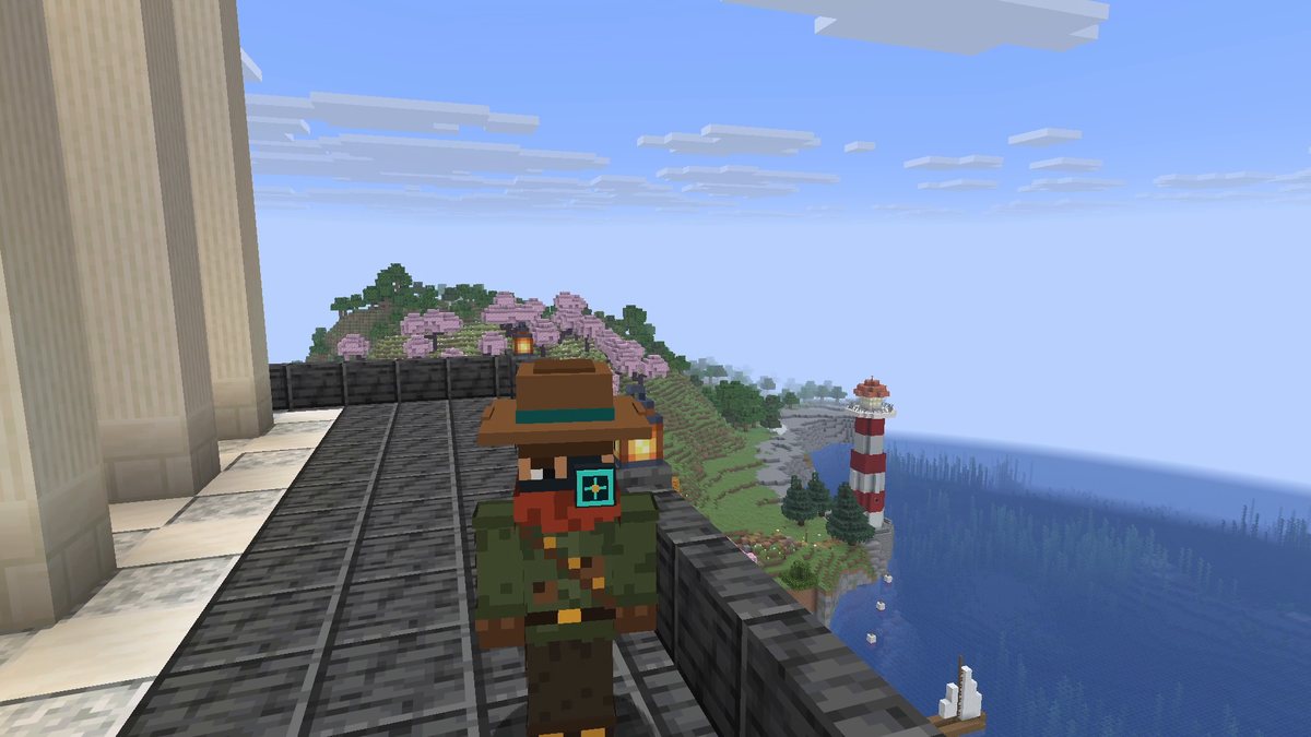Minecraft screenshot of the Mod Hunter on a terrace above a bay with a lighthouse