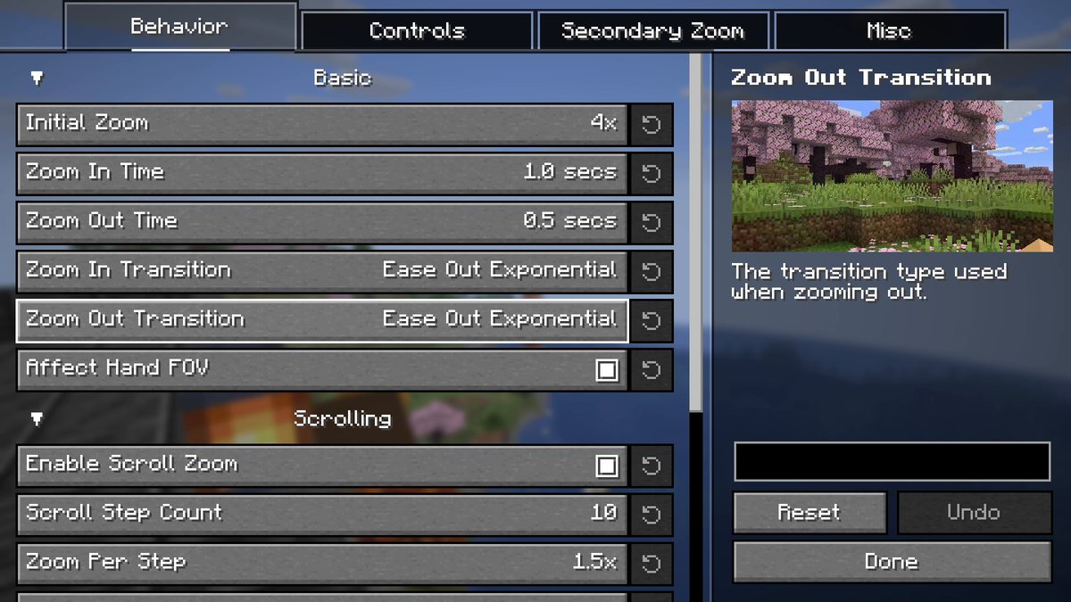 Zoomify settings screen in Minecraft with zoom, transition and scrolling options