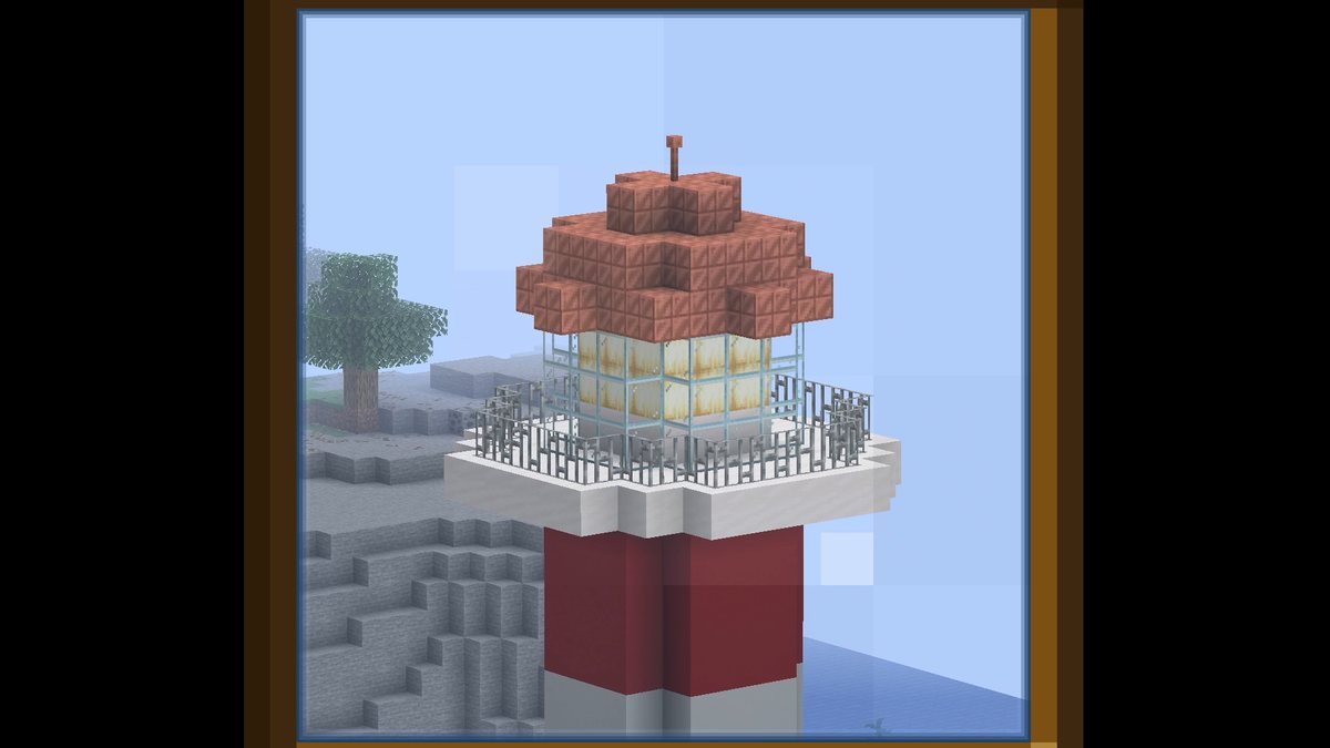 Minecraft screenshot through the spyglass, a lighthouse in a square frame with black edges