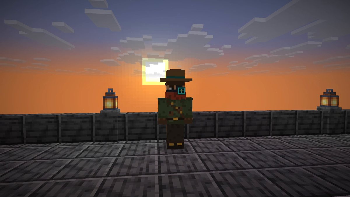 Minecraft screenshot of the Mod Hunter on a terrace at sunset